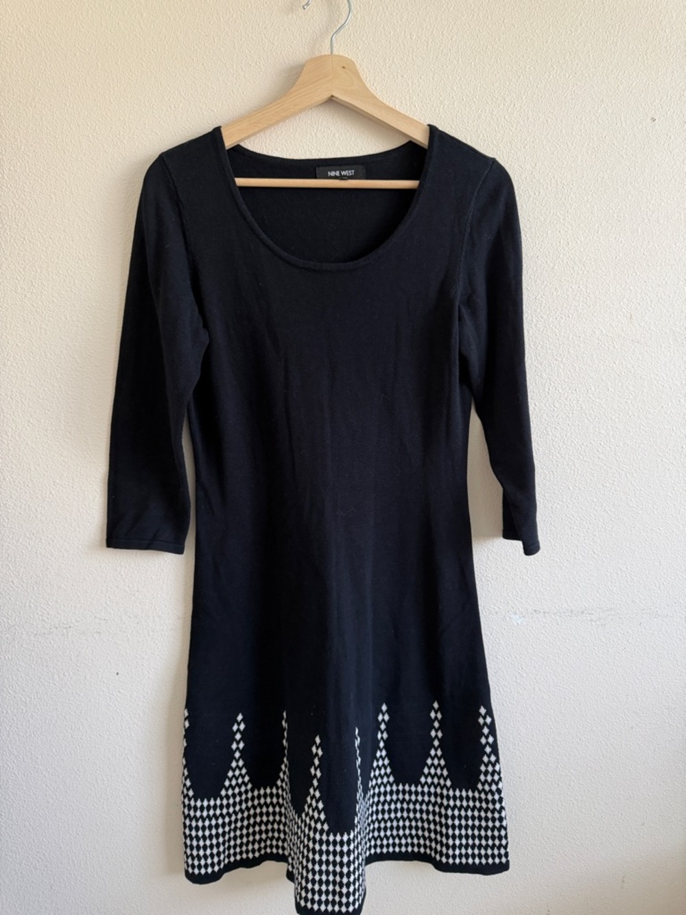 Nine West Black Knit Scoop Neck Dress with Houndstooth Border